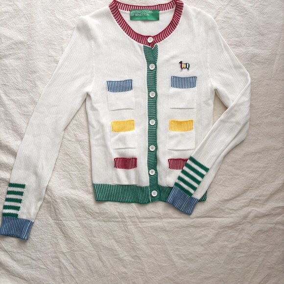 United Colors of Benetton Rainbow Pocket Cardigan XS White Cotton Sheep Logo - Picture 6 of 14